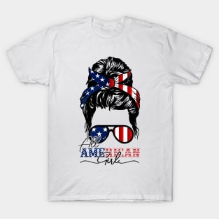 All American Girl 4th Of July Shirt Women Messy Bun USA Flag T-Shirt